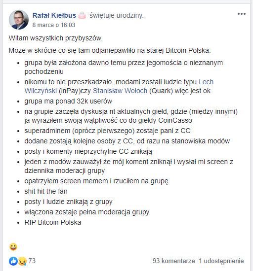 wpis rafała kiełbusa dotyczący grupy bitcoin polska