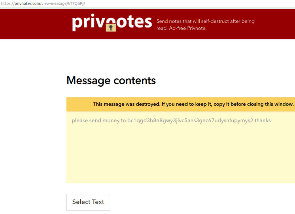 jak działa phishingowa wersja privnote.com - privnotes.com - wiadomość otrzymana przez adresata