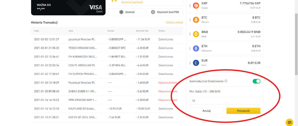 karta binance pozwala na ustawienie automatycznego doładowania z konta głównego do określonej kwoty