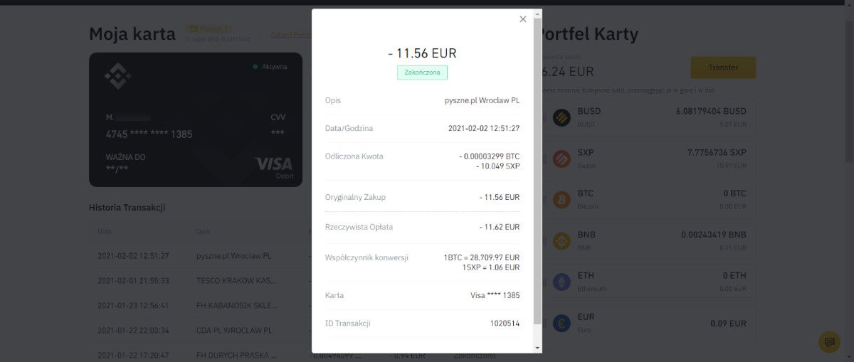 karta binance umożliwia prosty wgląd w historię transakcji
