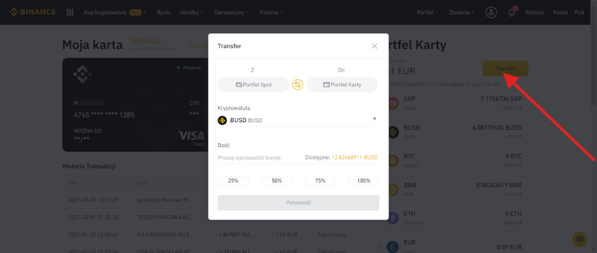 karta binance transfer środków z portfela spot