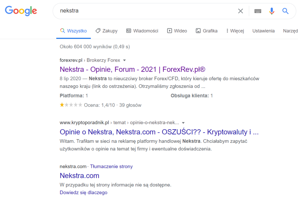 Wyniki wyszukiwania słowa Nekstra w Google