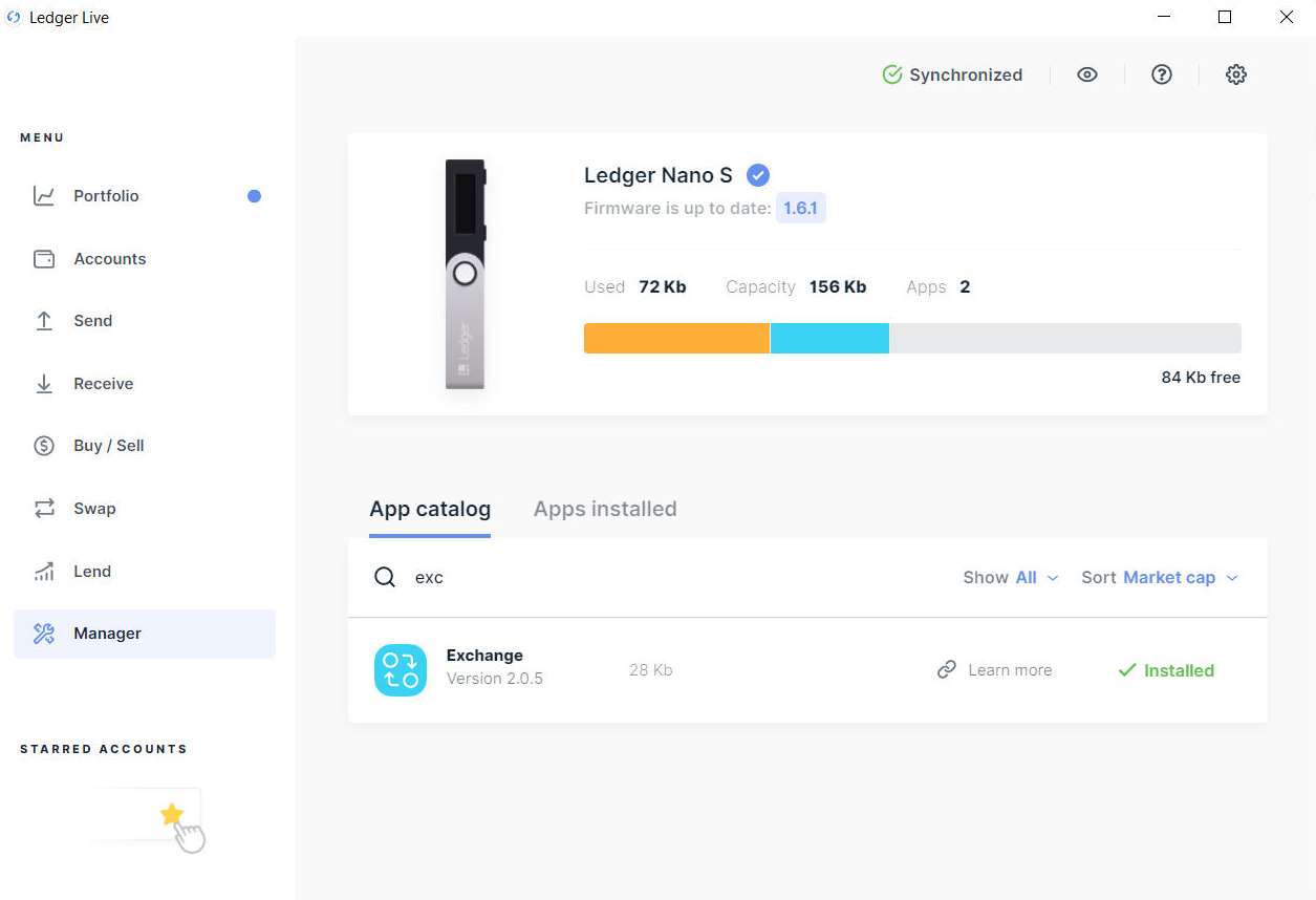 Żeby kupować i sprzedawać kryptowaluty, musisz zainstalować aplikację Exchange, dostępną w menagerze portfela Ledger Live