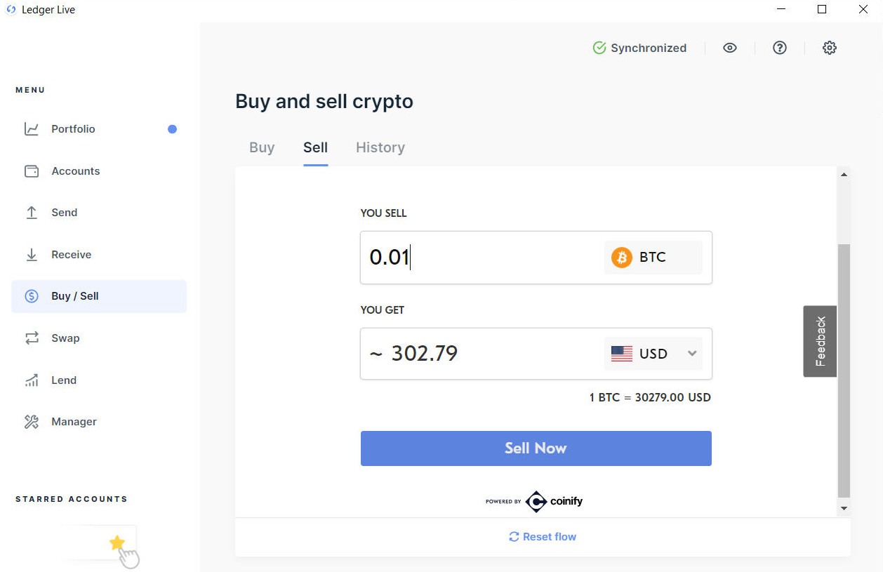 Sprzedaż bitcoina przez Ledger Live