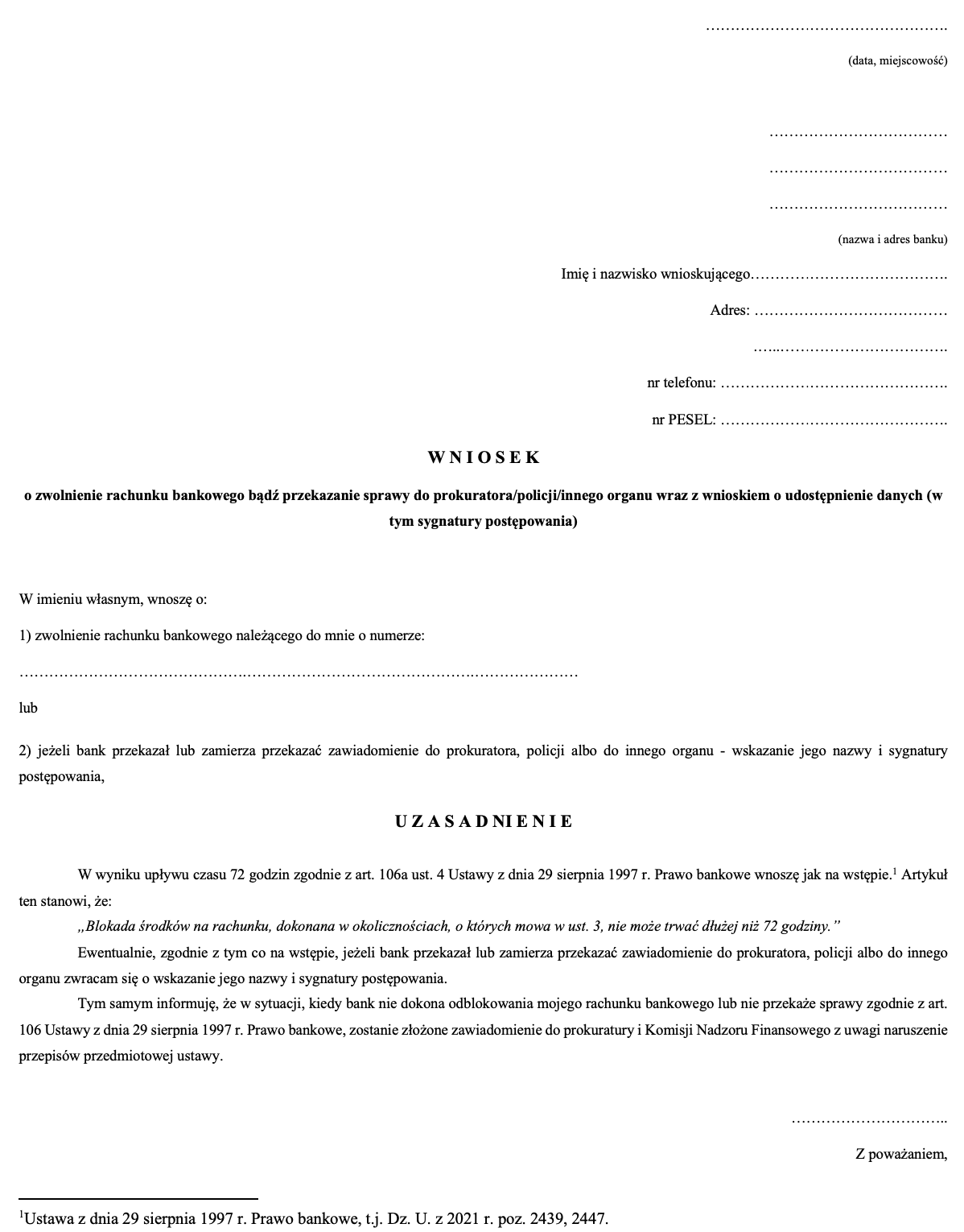 Wniosek o odblokowanie rachunku bankowego
