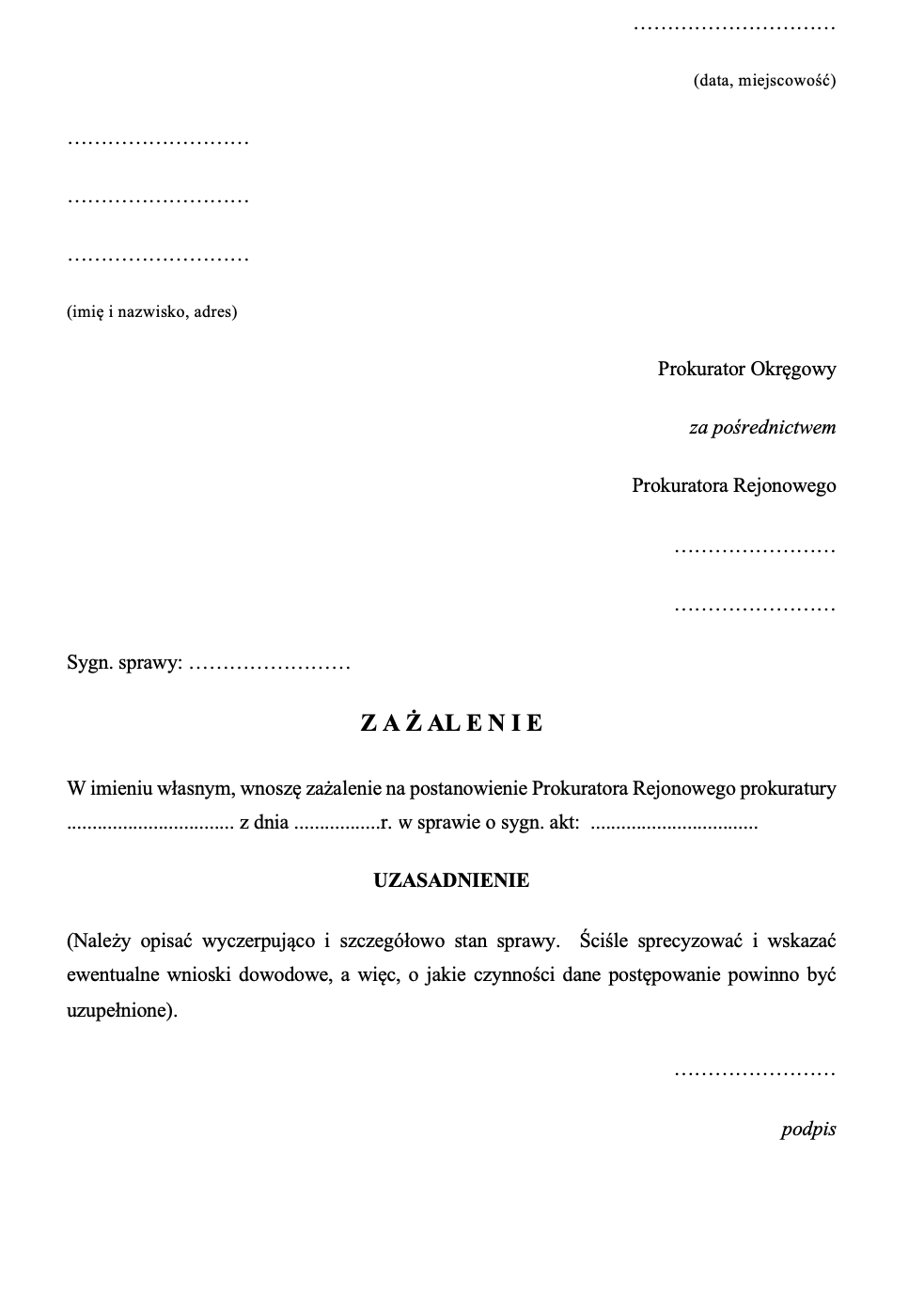 Wzór zażalenia do prokuratora