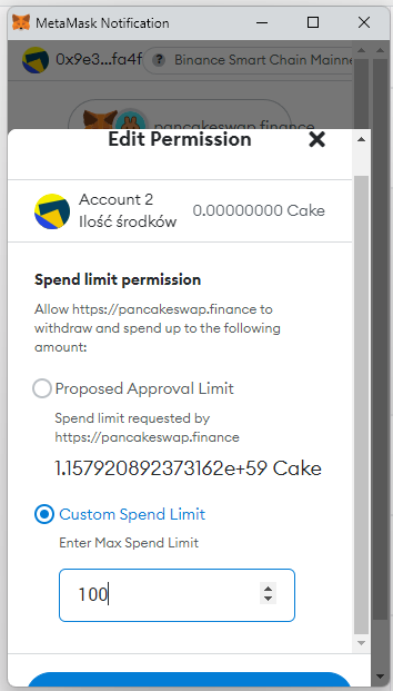 Edycja warunków udzielanej "zgody" (approval) w portfelu Metamask