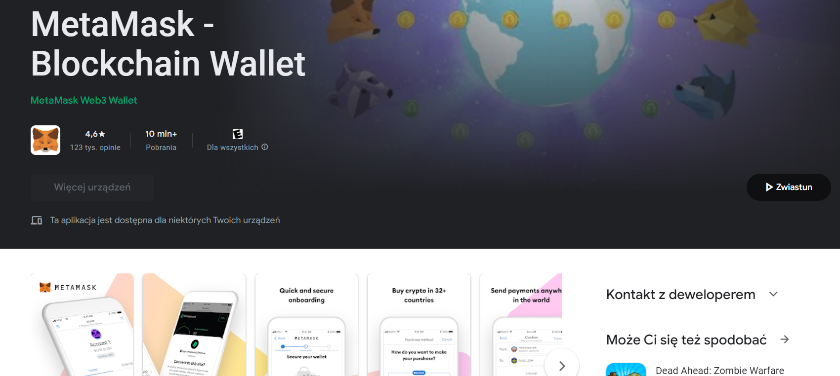 Przykład portfela mobilnego od firmy MetaMask. Źródło: Google Play