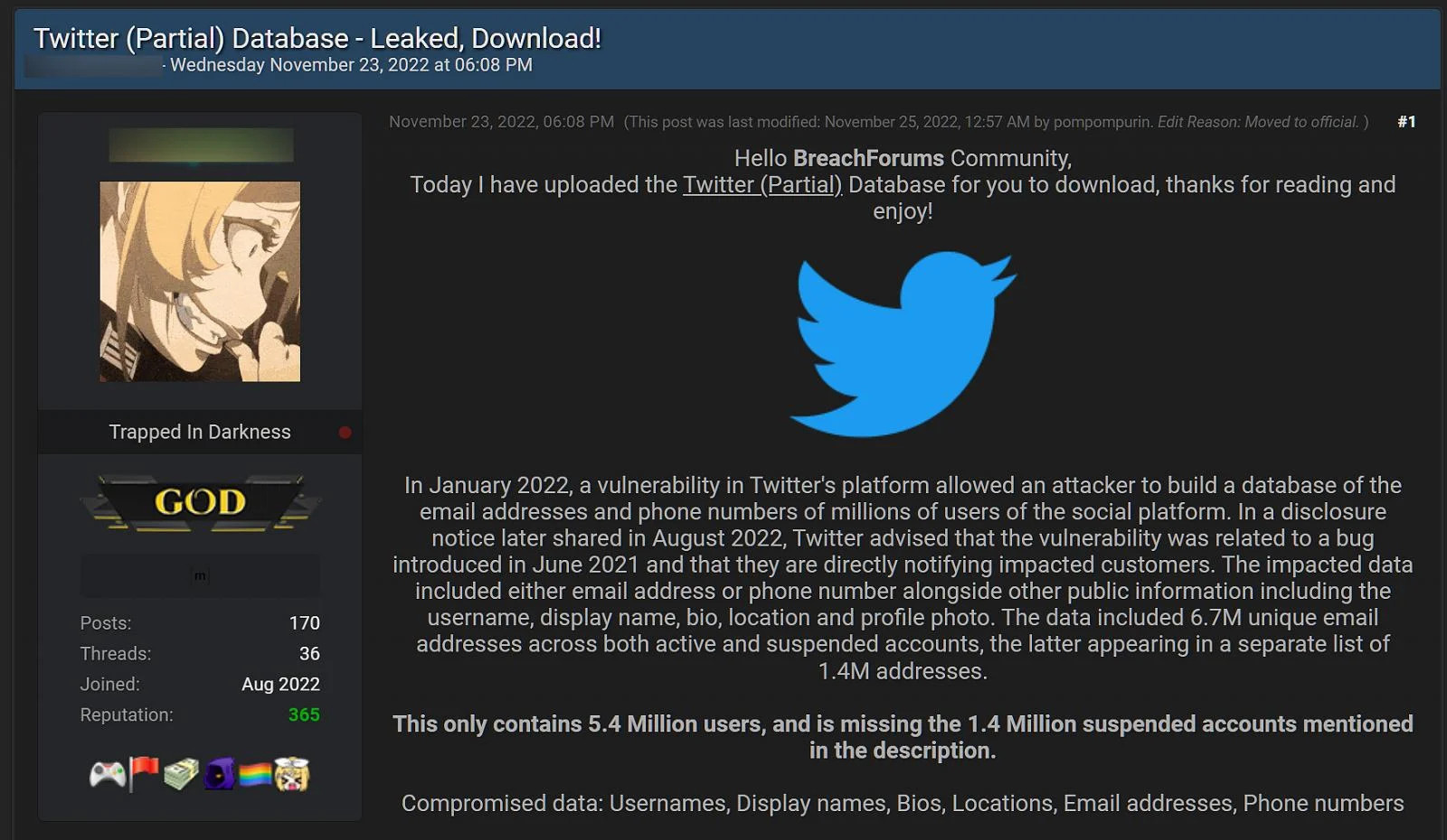 forum w darknecie gdzie wystawiono dane użytkowników twittera