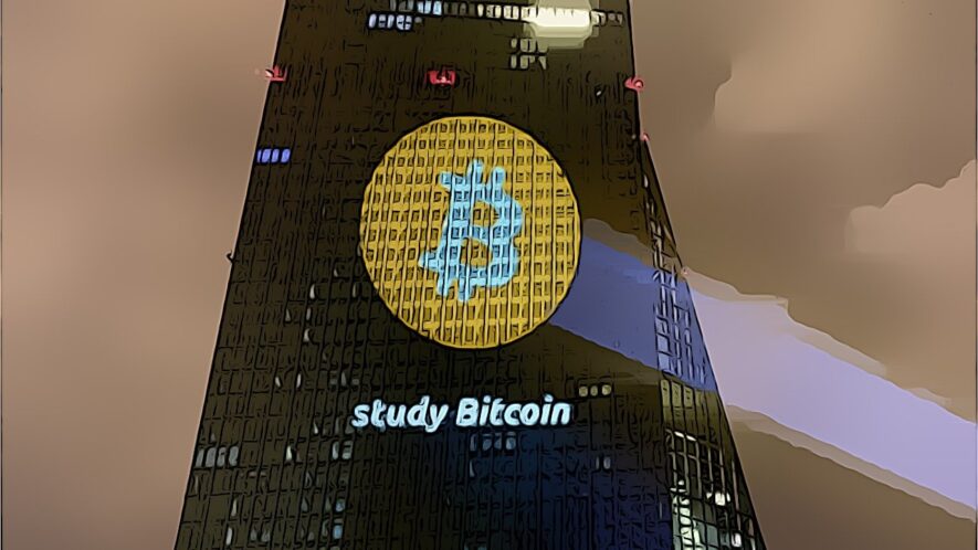 Logo bitcoina na budynku europejskiego banku centralnego