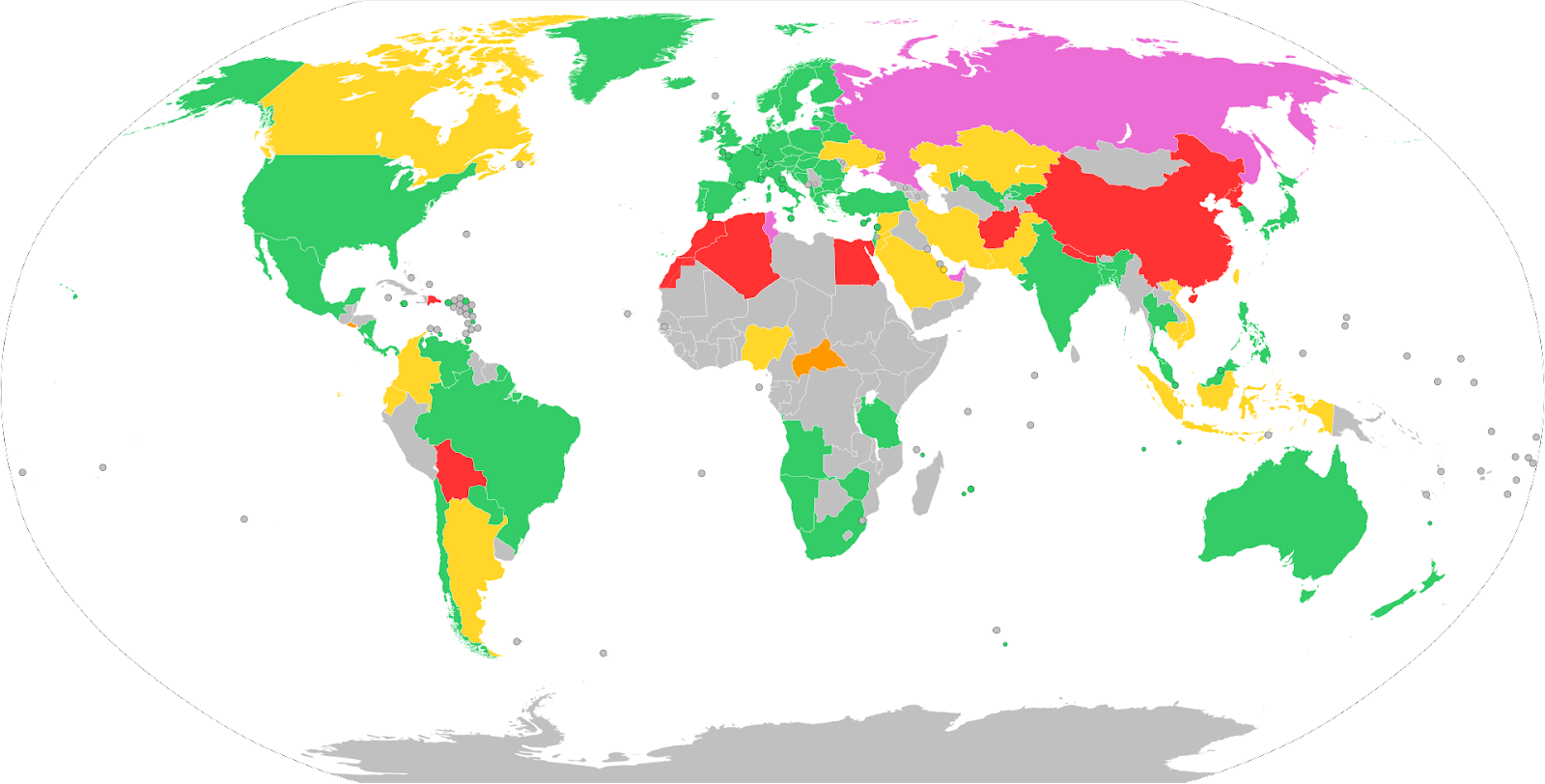 mapa z zaznaczonymi państwami, które zdelegalizowały bitcoina