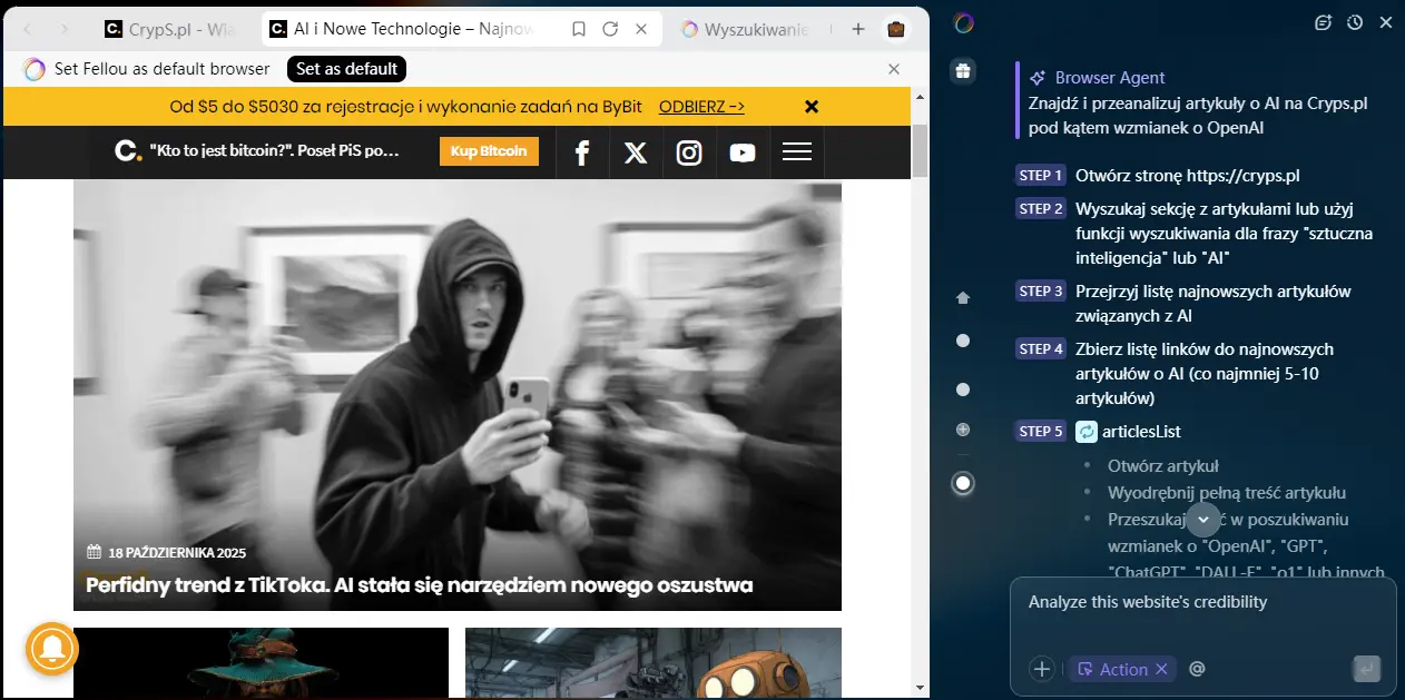 fellou ai agent przegladarka test
