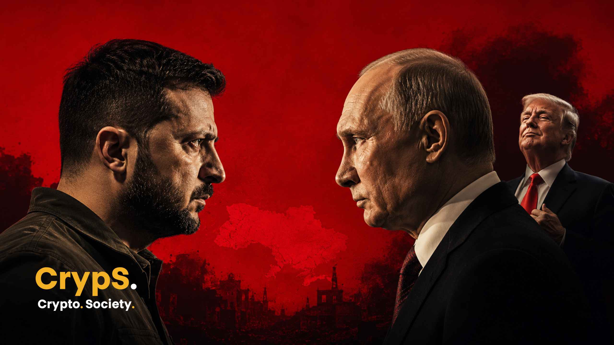 Zełenski mierzy wzrokiem Putina, a w tle jest Donald Trump